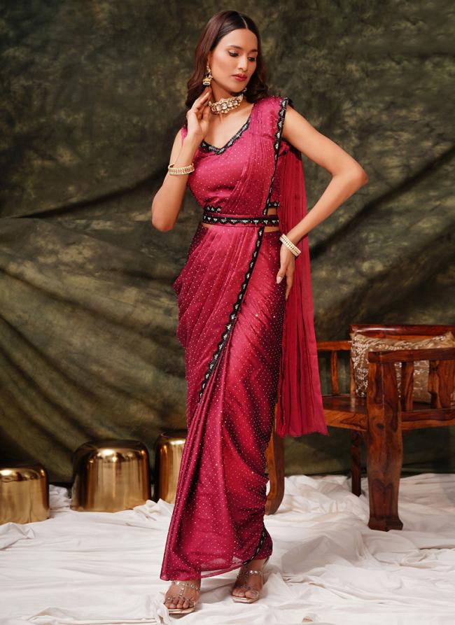 Silk Sattin Pink Party Wear Stone Work Ready To Wear Saree